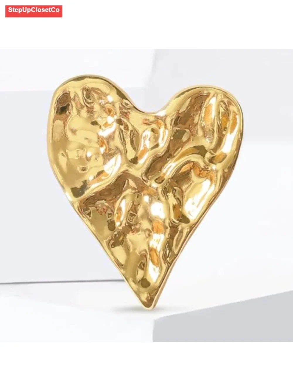 Irregular Hammered Chunky Heart Brooch Pin for Women, Lustrous Gold Finish